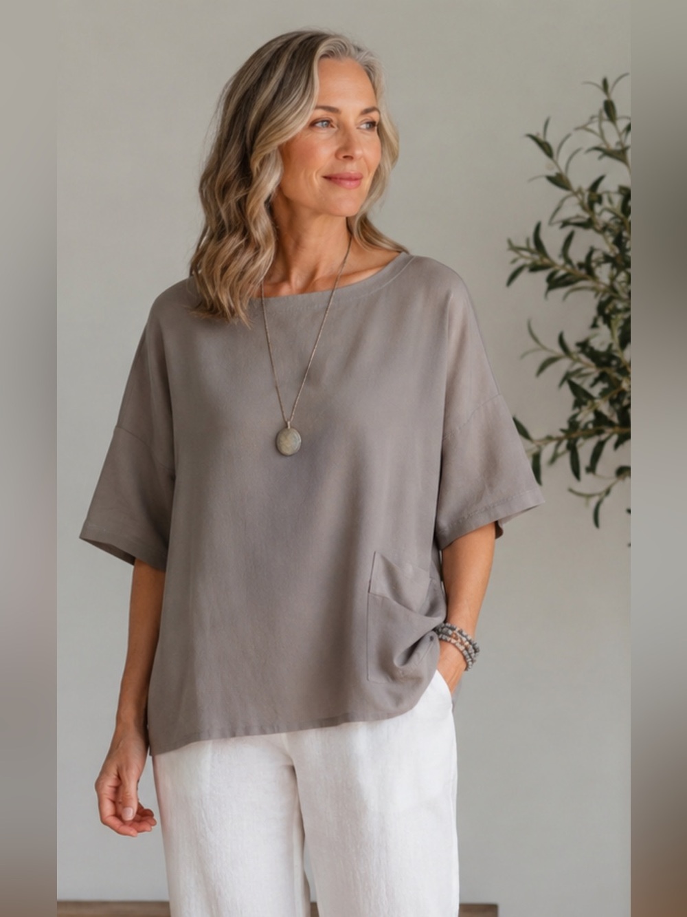 Jill‎ PureJill Soft Ash Modal Pocket Top L NWT Relaxed Boat Neck Blouse